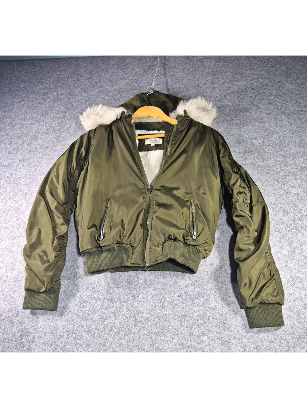 Charlotte Russe Lined Winter Coat Women's XS Khaki Green Faux Fur Collar Jacket